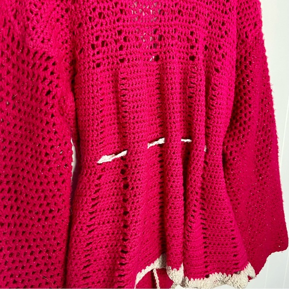 💖HAND-KNIT Pink Chunky Cardigan Belted Heart Patch Pockets Whimsical Crochet - Picture 9 of 9